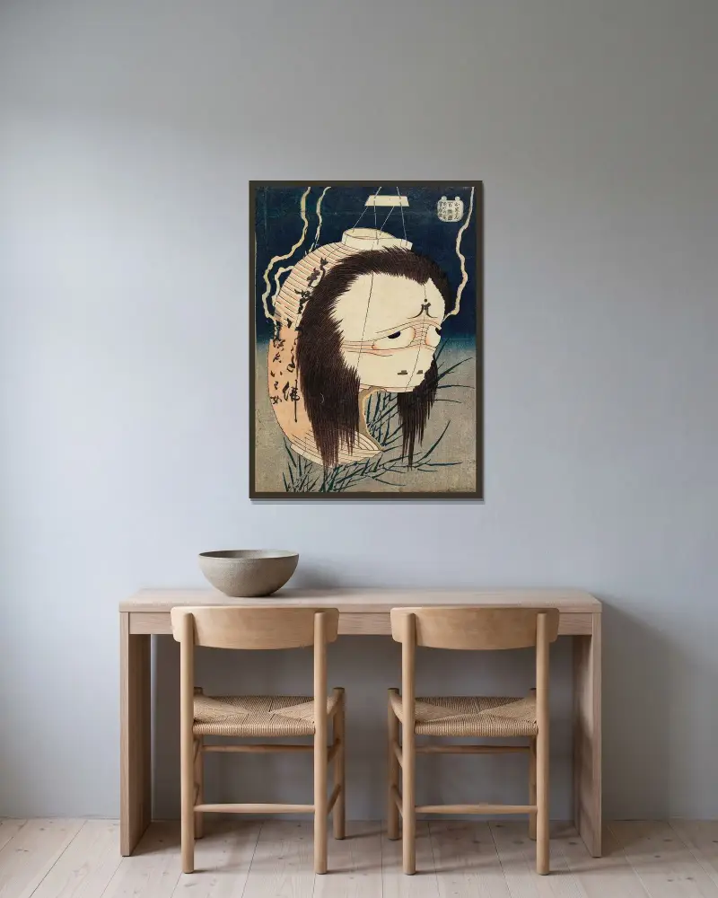 The Lantern Ghost, Iwa av Katsushika Hokusai inramad på en vägg