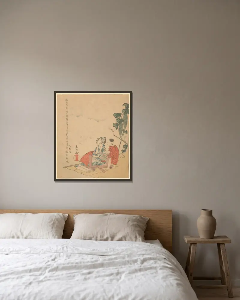 Woman and Boy with Melon Plant av Katsushika Hokusai inramad på en vägg