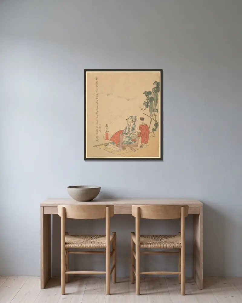 Woman and Boy with Melon Plant av Katsushika Hokusai inramad på en vägg
