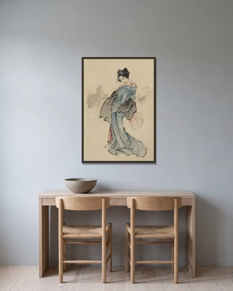 Woman, full-length portrait, standing, facing left, holding fan in right hand, wearing kimono with check design av Katsushika Hokusai inramad på en vägg