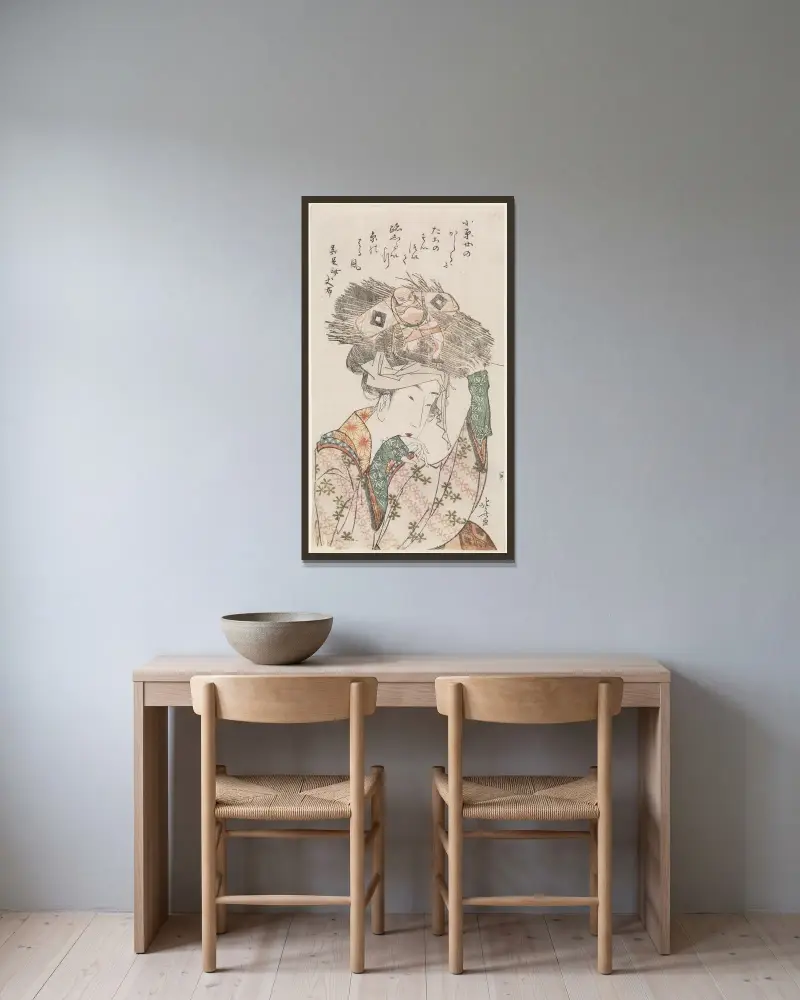Frau aus Ōhara mit Reisigbündel und Drachen von Katsushika Hokusai gerahmt an einer Wand