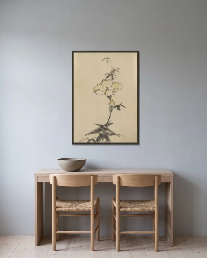 Yellow blossom with bud on a stalk above leaves av Katsushika Hokusai inramad på en vägg
