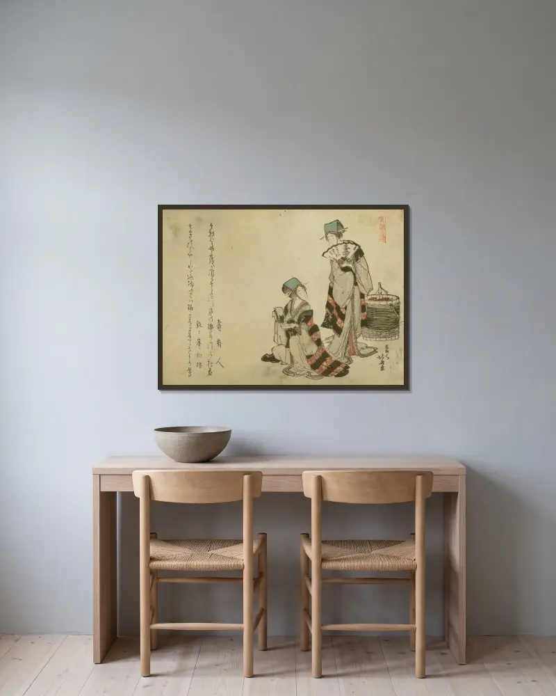 Yoshiwara suzume av Katsushika Hokusai inramad på en vägg
