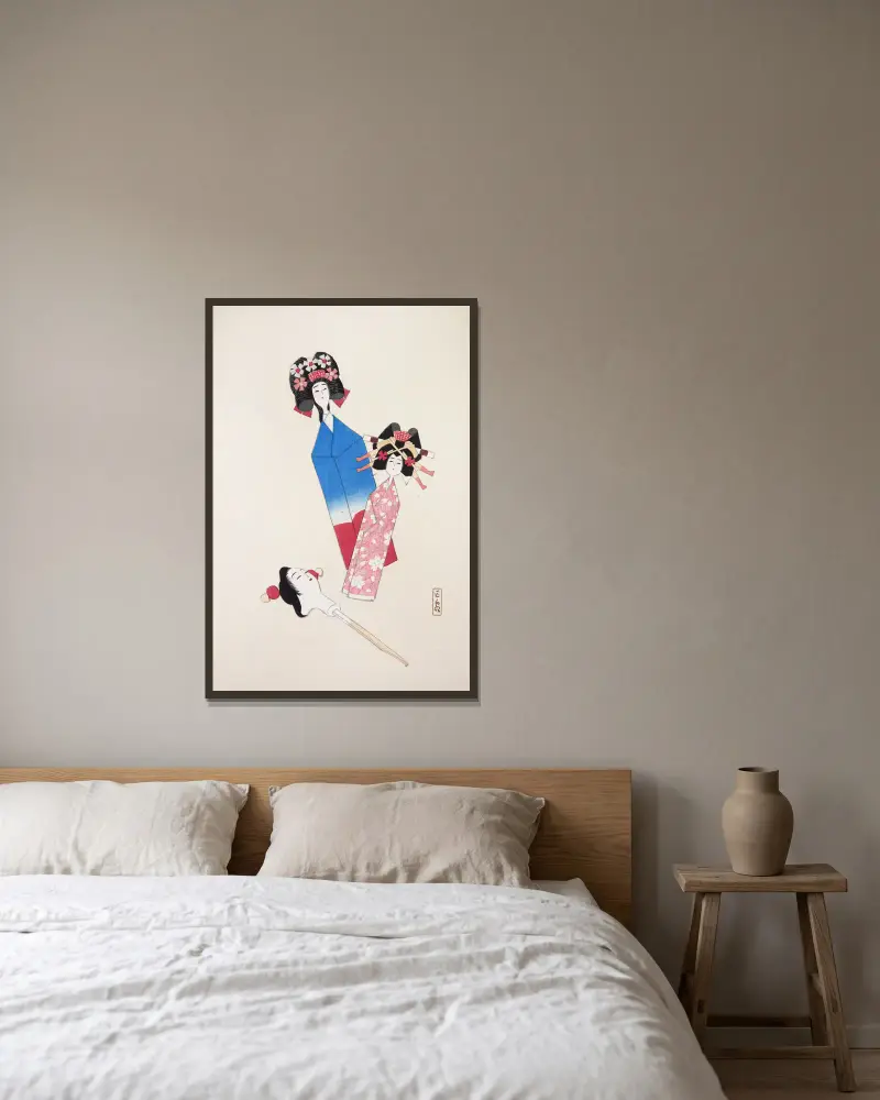 Kyosens samlade illustrationer av japanska leksaker, pl. 001 av Kawasaki Kyosen inramad på en vägg