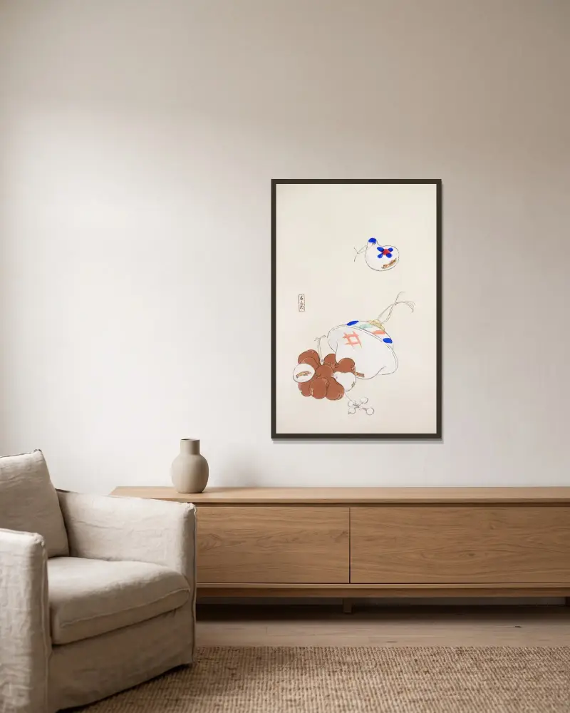 Kyosens gesammelte Illustrationen japanischer Spielsachen, Taf. 8 von Kawasaki Kyosen gerahmt an einer Wand