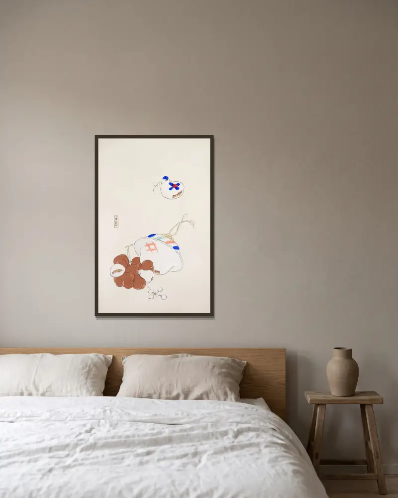 Kyosens gesammelte Illustrationen japanischer Spielsachen, Taf. 8 von Kawasaki Kyosen gerahmt an einer Wand
