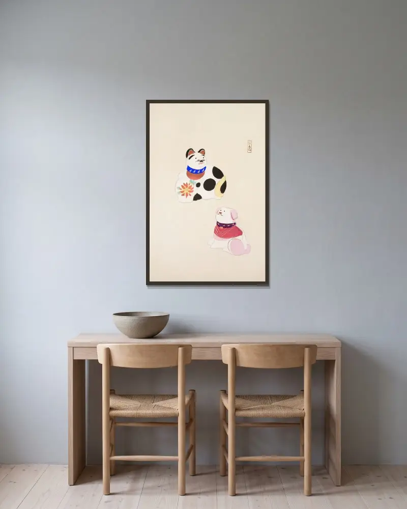 Kyosens samlade illustrationer av japanska leksaker, pl. 011 av Kawasaki Kyosen inramad på en vägg