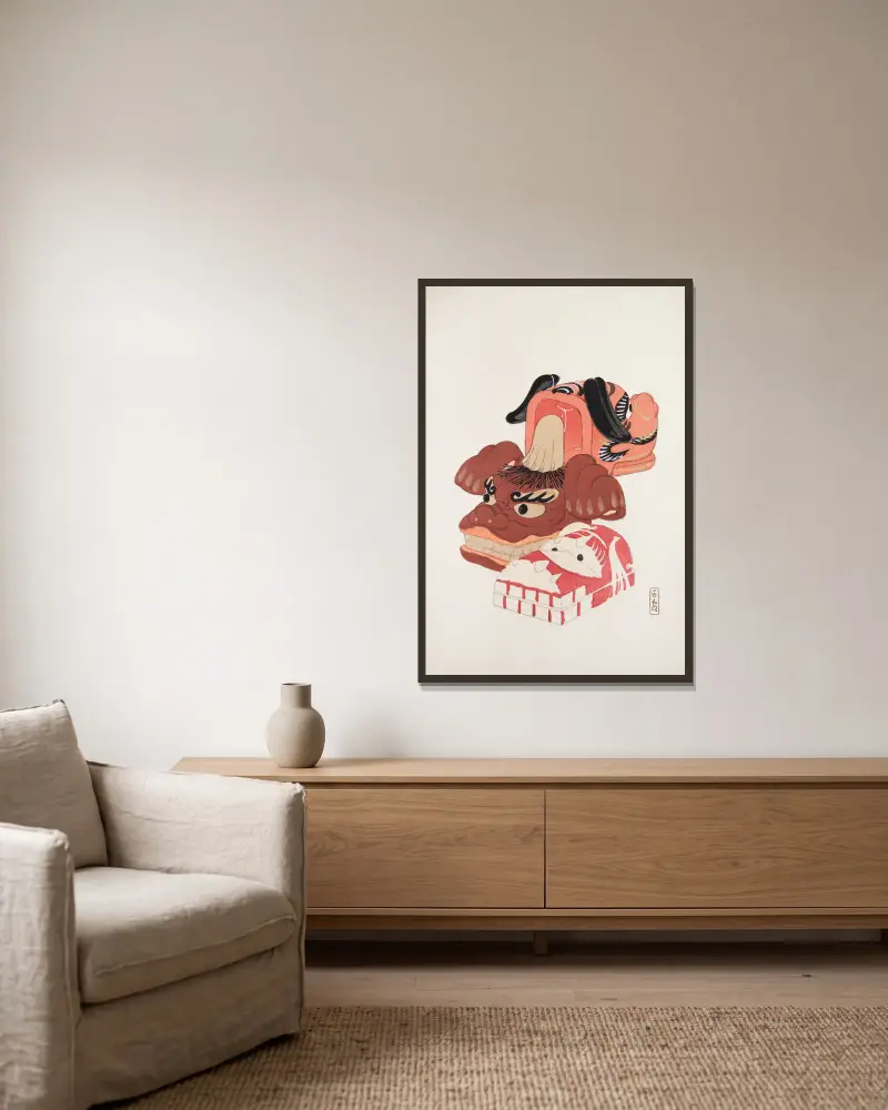 Kyosens samlade illustrationer av japanska leksaker, plansch 018 av Kawasaki Kyosen inramad på en vägg
