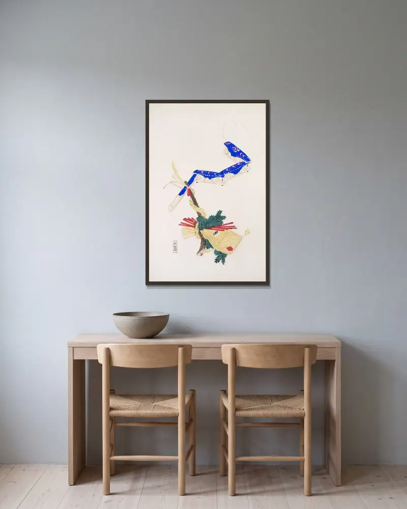 Kyosenovy sebrané ilustrace japonských hraček, pl. 028, Kawasaki Kyosen v rámu na stěně