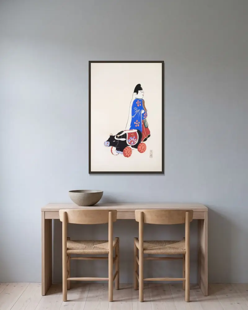 Kyosens gesammelte Illustrationen japanischer Spielzeuge, Tafel 039 von Kawasaki Kyosen gerahmt an einer Wand