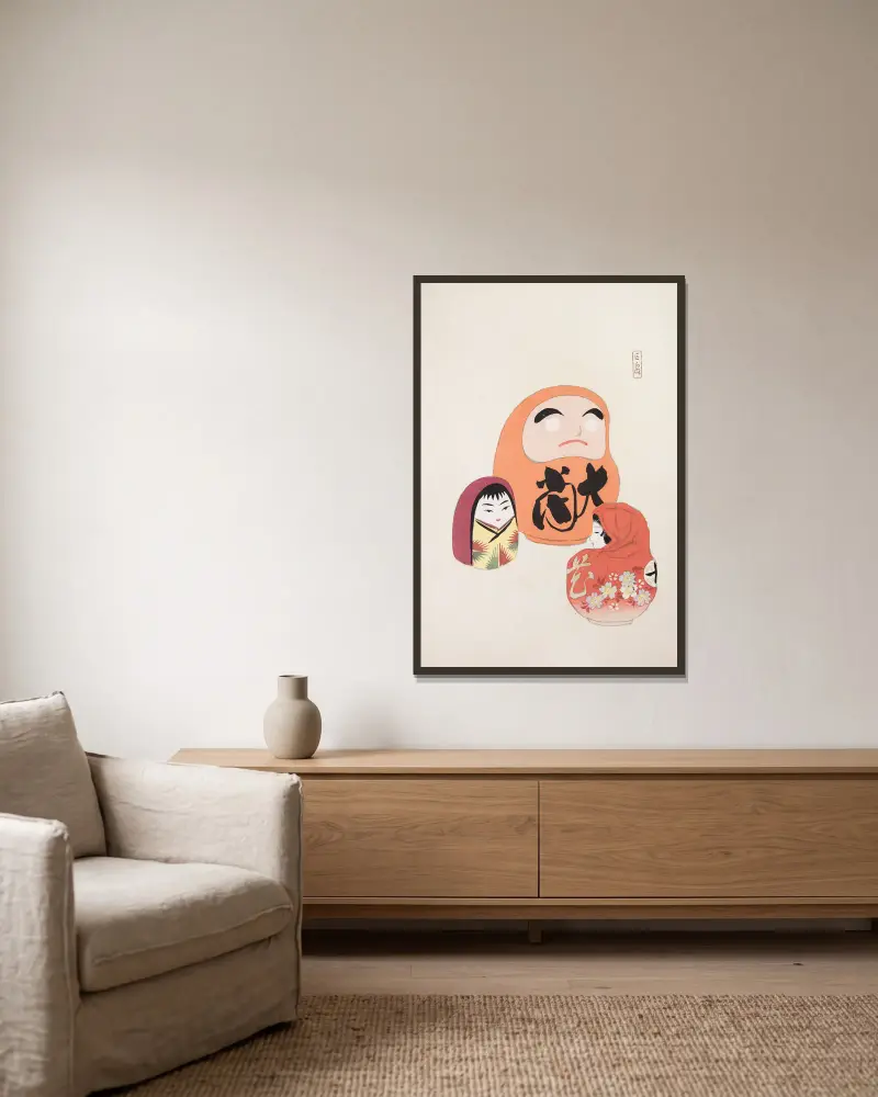 Kyosens samlade illustrationer av japanska leksaker, plansch 044 av Kawasaki Kyosen inramad på en vägg