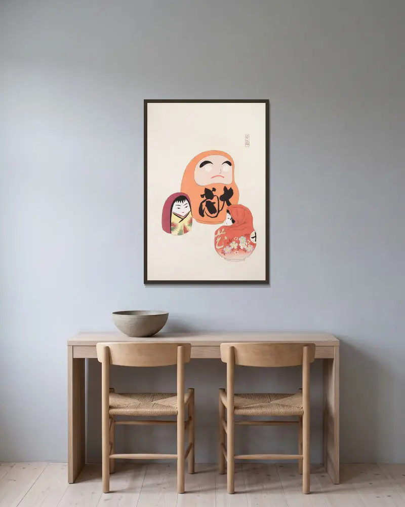 Kyosens samlade illustrationer av japanska leksaker, plansch 044 av Kawasaki Kyosen inramad på en vägg