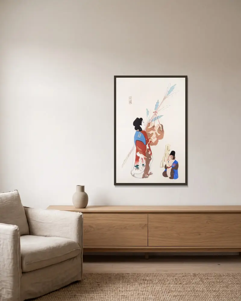 Kyosens samlade illustrationer av japanska leksaker, pl. 050 av Kawasaki Kyosen inramad på en vägg