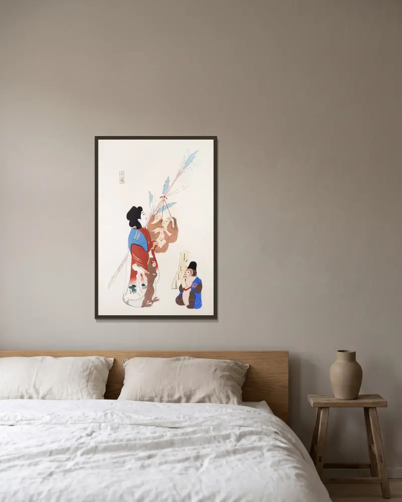 Kyosens samlade illustrationer av japanska leksaker, pl. 050 av Kawasaki Kyosen inramad på en vägg