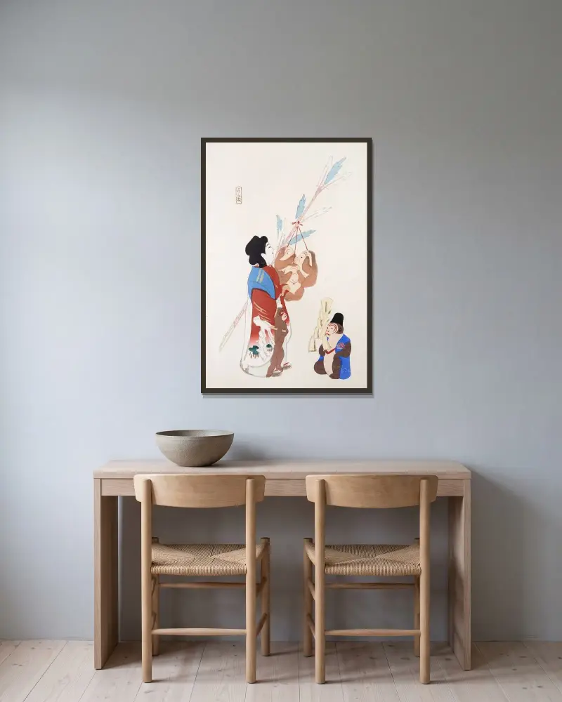 Kyosens samlade illustrationer av japanska leksaker, pl. 050 av Kawasaki Kyosen inramad på en vägg