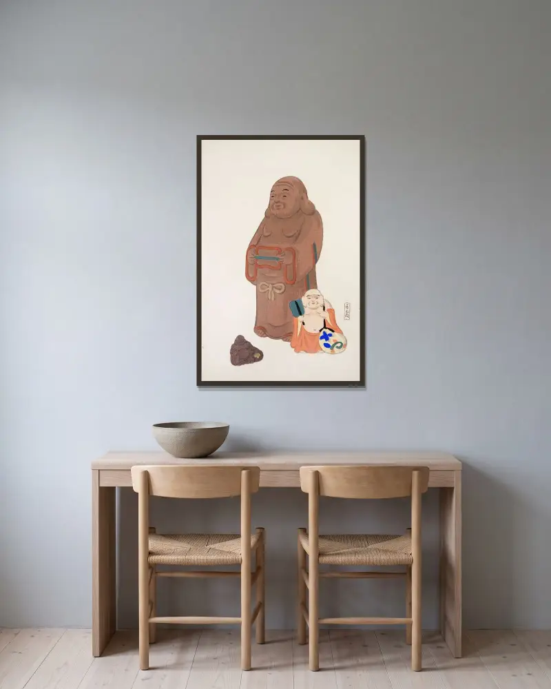 Kyosens samlade illustrationer av japanska leksaker, pl. 051 av Kawasaki Kyosen inramad på en vägg