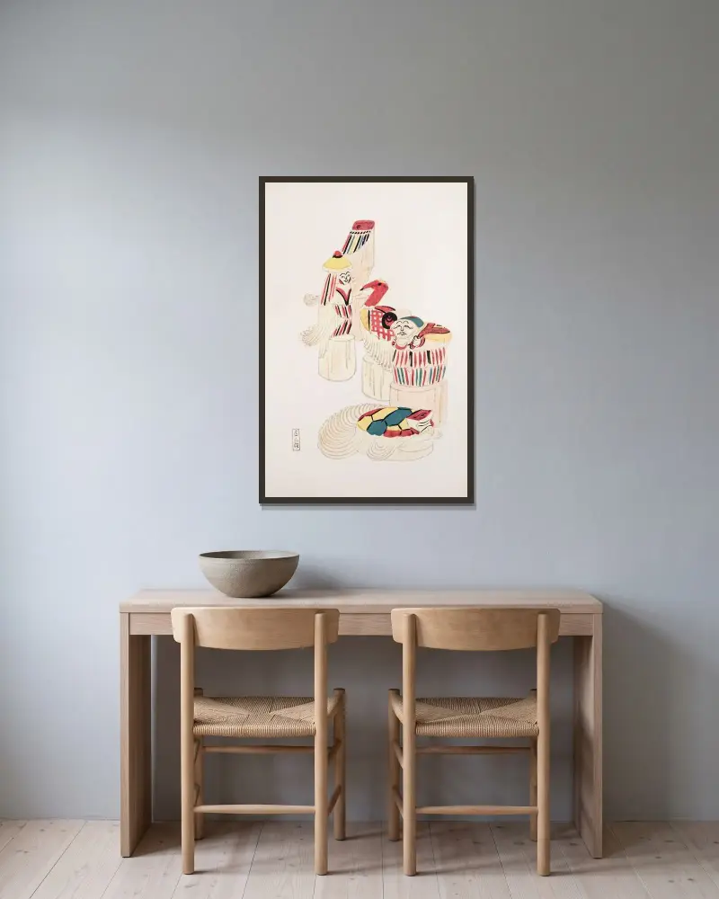 Kyosens gesammelte Illustrationen japanischer Spielzeuge Taf. 052 von Kawasaki Kyosen gerahmt an einer Wand