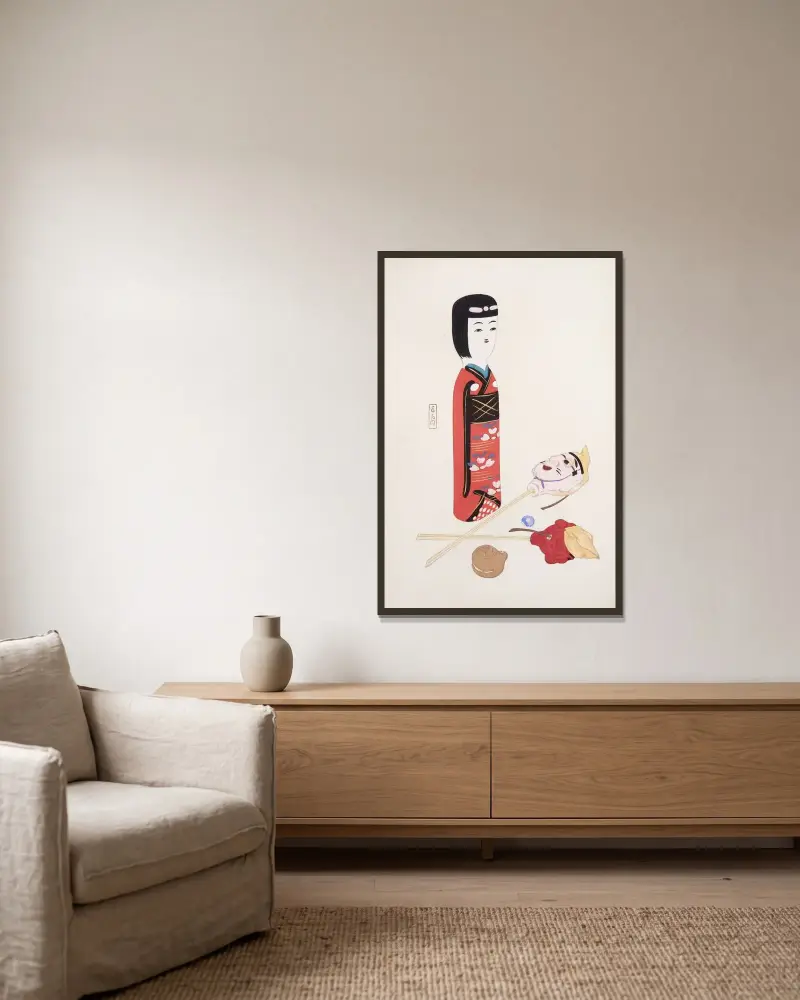Kyosenovy sebrané ilustrace japonských hraček, pl. 053, Kawasaki Kyosen v rámu na stěně