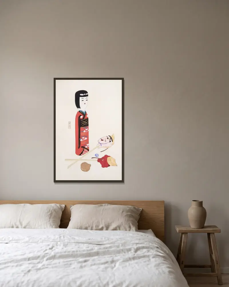 Kyosenovy sebrané ilustrace japonských hraček, pl. 053, Kawasaki Kyosen v rámu na stěně