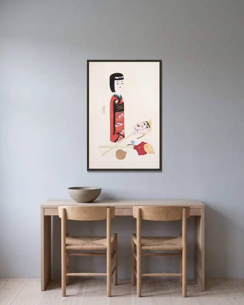 Kyosenovy sebrané ilustrace japonských hraček, pl. 053, Kawasaki Kyosen v rámu na stěně