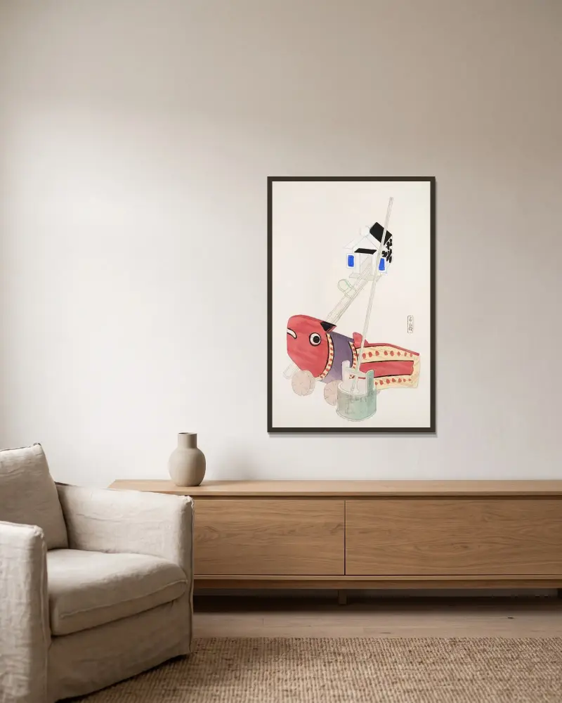 Kyosens gesammelte Illustrationen japanischer Spielzeuge, Taf. 055 von Kawasaki Kyosen gerahmt an einer Wand