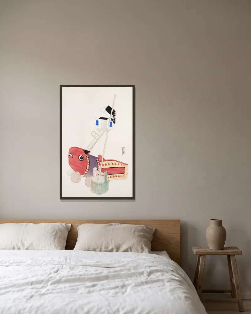 Kyosens gesammelte Illustrationen japanischer Spielzeuge, Taf. 055 von Kawasaki Kyosen gerahmt an einer Wand