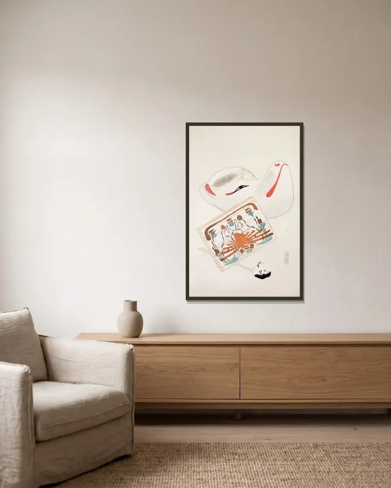 Kyosens samlade illustrationer av japanska leksaker, plansch 059 av Kawasaki Kyosen inramad på en vägg