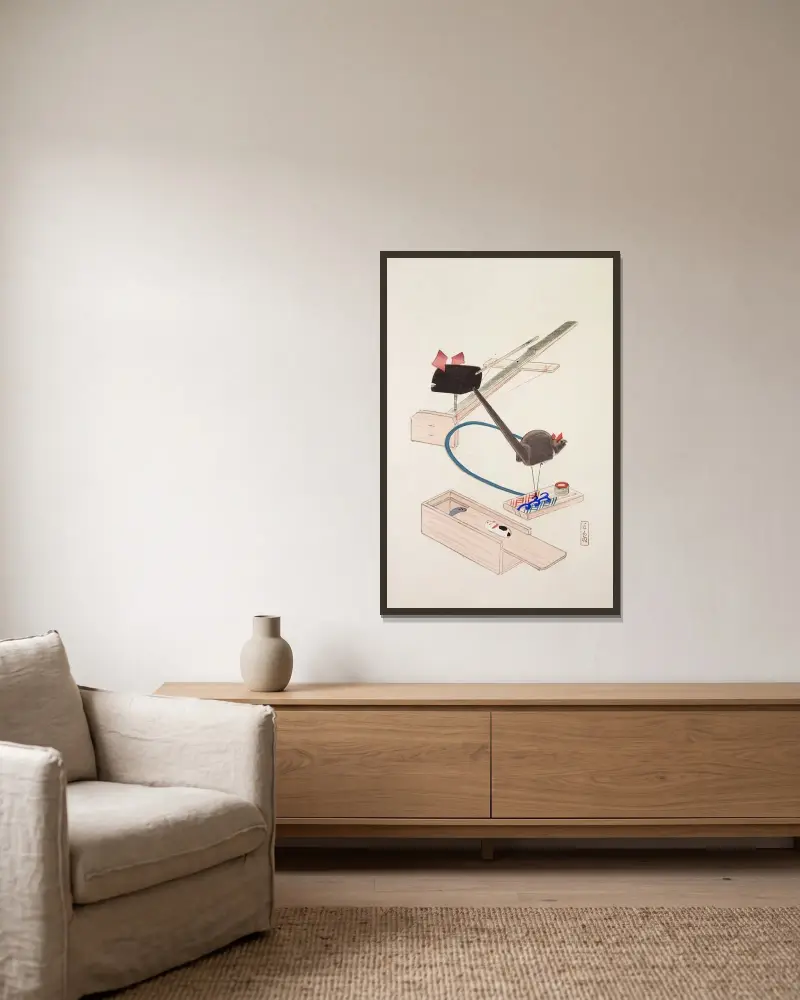 Kyosenovy sebrané ilustrace japonských hraček, tab. 64, Kawasaki Kyosen v rámu na stěně