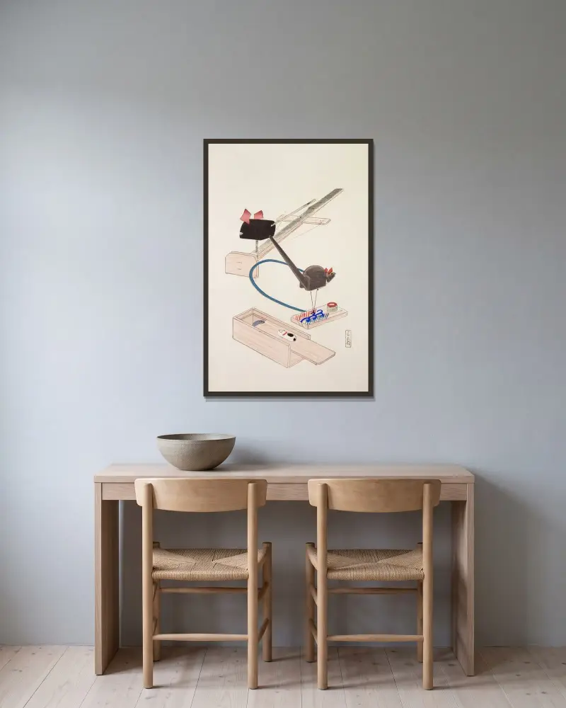Kyosenovy sebrané ilustrace japonských hraček, tab. 64, Kawasaki Kyosen v rámu na stěně