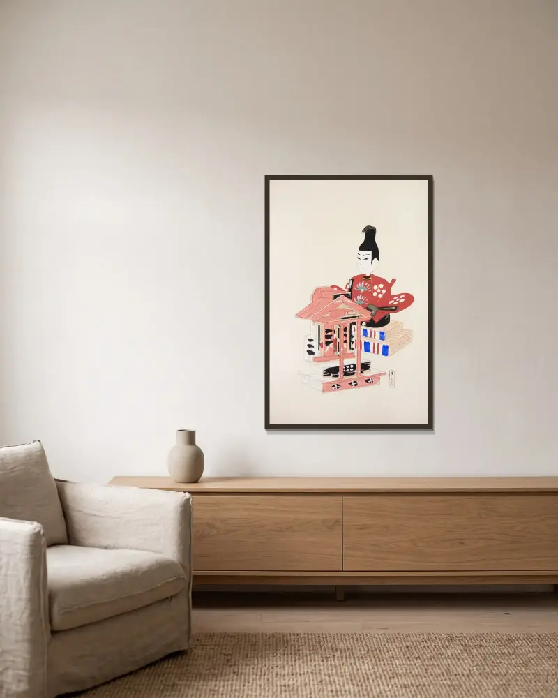 Kyosenovy sebrané ilustrace japonských hraček, pl. 065, Kawasaki Kyosen v rámu na stěně