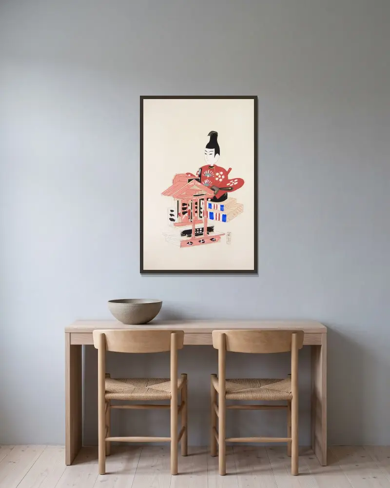 Kyosenovy sebrané ilustrace japonských hraček, pl. 065, Kawasaki Kyosen v rámu na stěně