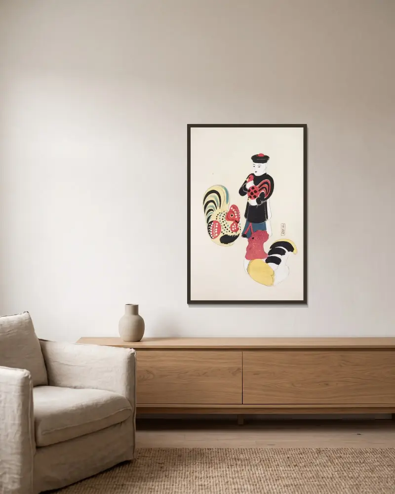 Kyosens samlade illustrationer av japanska leksaker, pl. 067 av Kawasaki Kyosen inramad på en vägg