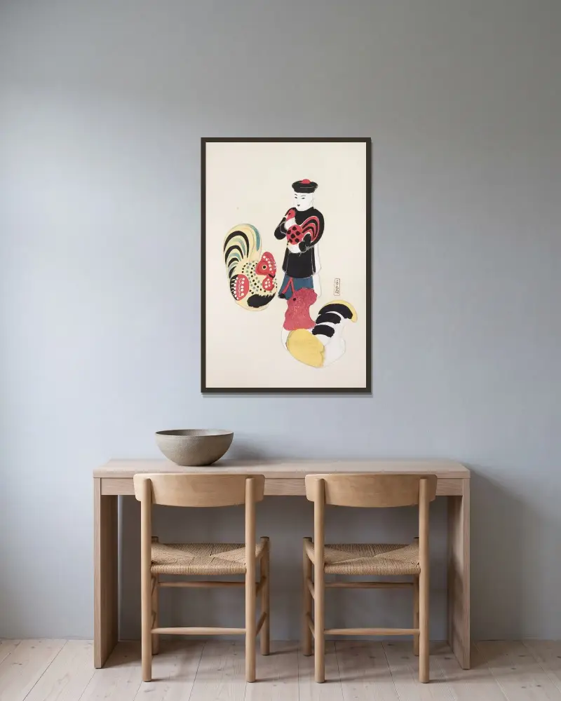 Kyosens samlade illustrationer av japanska leksaker, pl. 067 av Kawasaki Kyosen inramad på en vägg