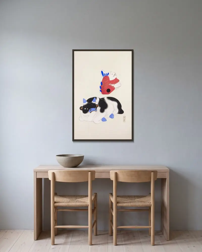 Kyosens gesammelte Illustrationen japanischer Spielzeuge, Taf. 68 von Kawasaki Kyosen gerahmt an einer Wand