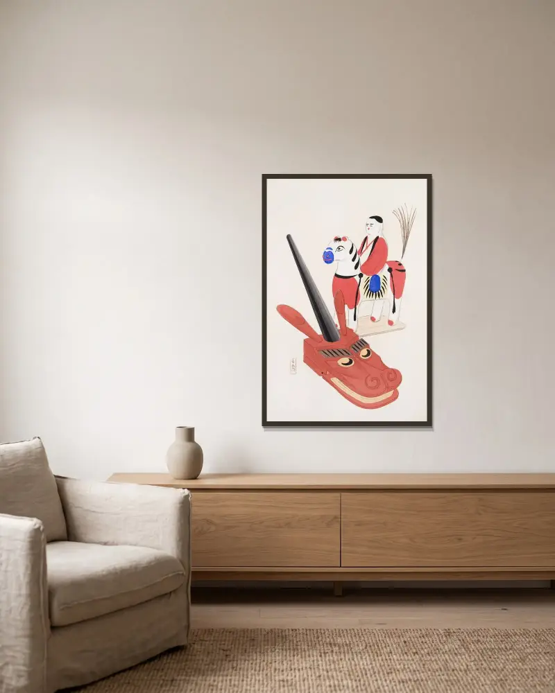 Kyosenovy sebrané ilustrace japonských hraček, tab. 073, Kawasaki Kyosen v rámu na stěně