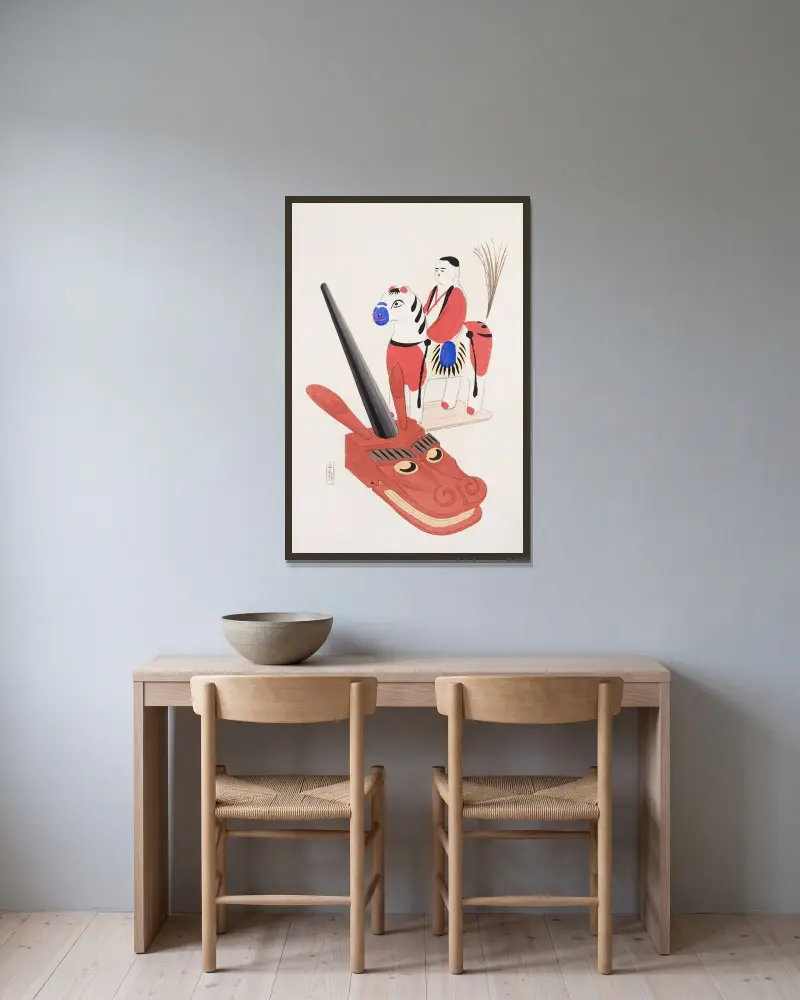 Kyosenovy sebrané ilustrace japonských hraček, tab. 073, Kawasaki Kyosen v rámu na stěně