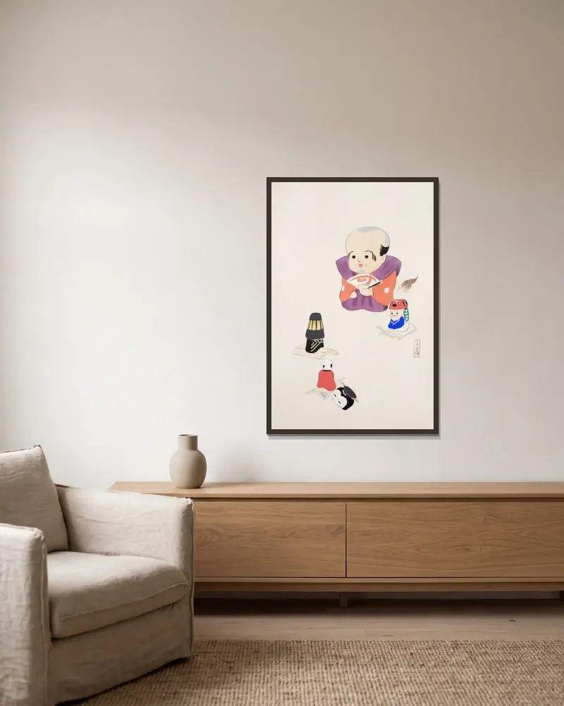 Kyosenovy sebrané ilustrace japonských hraček, pl. 078, Kawasaki Kyosen v rámu na stěně