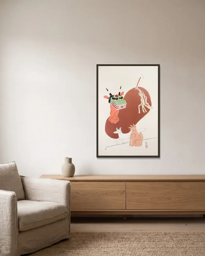 Kyosenovy sebrané ilustrace japonských hraček, pl. 79, Kawasaki Kyosen v rámu na stěně