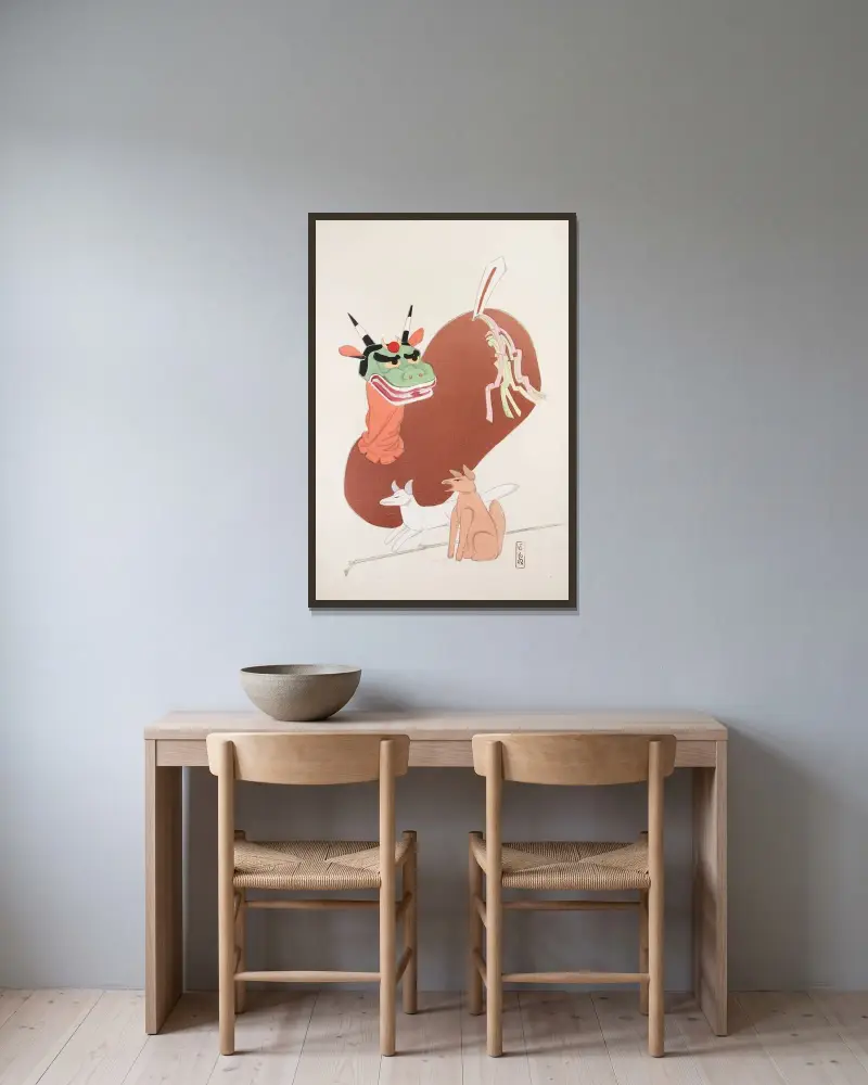 Kyosenovy sebrané ilustrace japonských hraček, pl. 79, Kawasaki Kyosen v rámu na stěně