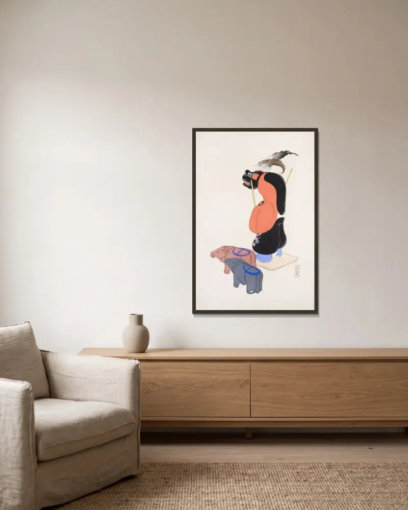 Kyosens samlade illustrationer av japanska leksaker, pl. 081 av Kawasaki Kyosen inramad på en vägg