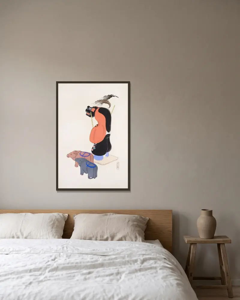 Kyosens samlade illustrationer av japanska leksaker, pl. 081 av Kawasaki Kyosen inramad på en vägg