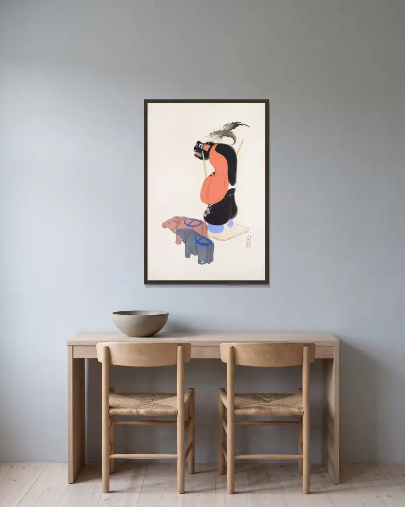 Kyosens samlade illustrationer av japanska leksaker, pl. 081 av Kawasaki Kyosen inramad på en vägg