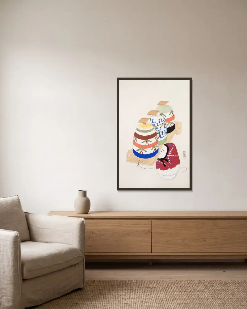 Kyosens samlade illustrationer av japanska leksaker, plansch 083 av Kawasaki Kyosen inramad på en vägg