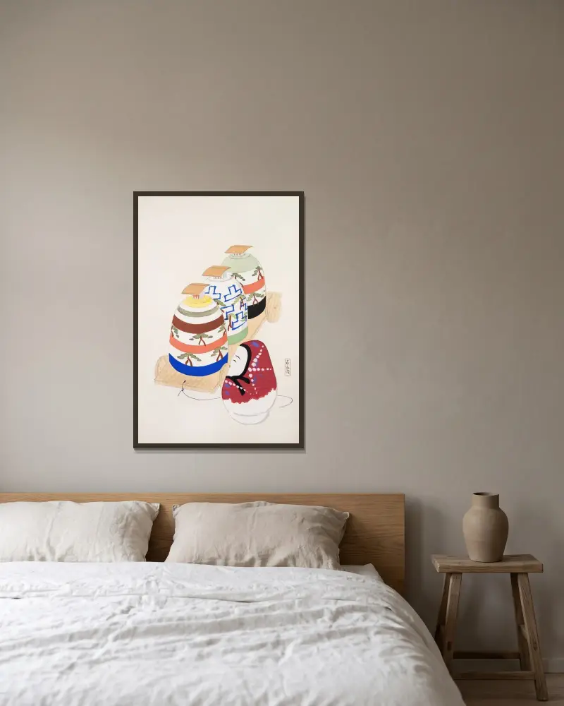 Kyosens samlade illustrationer av japanska leksaker, plansch 083 av Kawasaki Kyosen inramad på en vägg