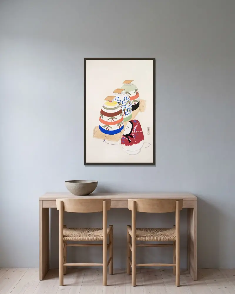 Kyosens samlade illustrationer av japanska leksaker, plansch 083 av Kawasaki Kyosen inramad på en vägg