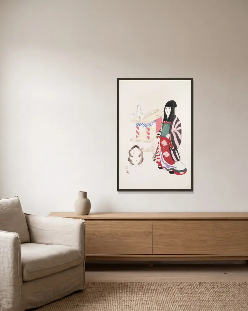 Kyosens gesammelte Illustrationen japanischer Spielsachen Taf. 087 von Kawasaki Kyosen gerahmt an einer Wand