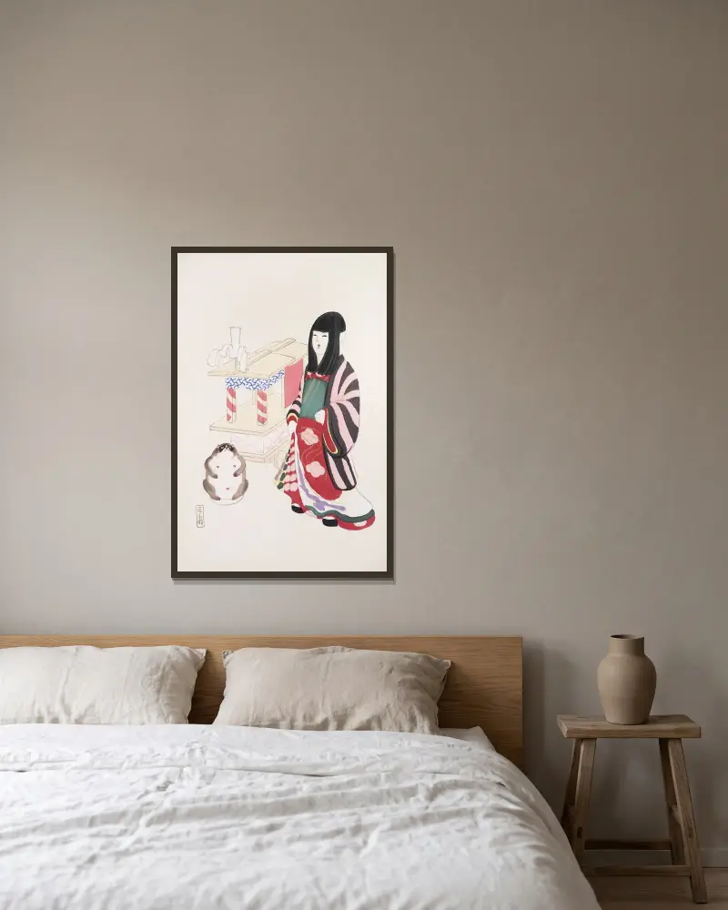 Kyosens gesammelte Illustrationen japanischer Spielsachen Taf. 087 von Kawasaki Kyosen gerahmt an einer Wand