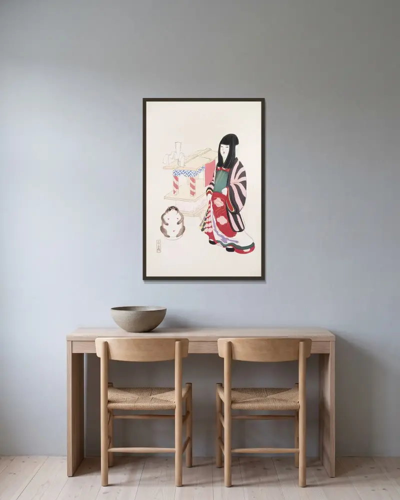 Kyosens gesammelte Illustrationen japanischer Spielsachen Taf. 087 von Kawasaki Kyosen gerahmt an einer Wand