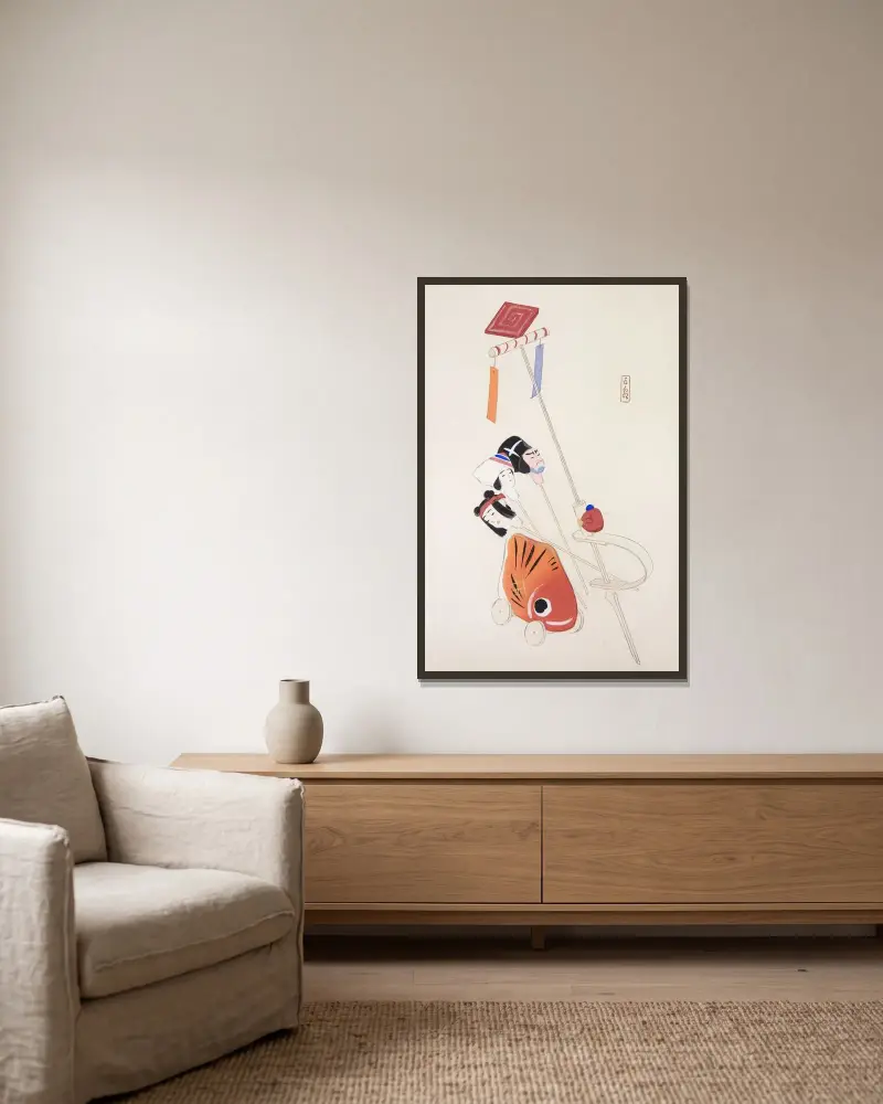 Kyosenovy sebrané ilustrace japonských hraček, tab. 088, Kawasaki Kyosen v rámu na stěně