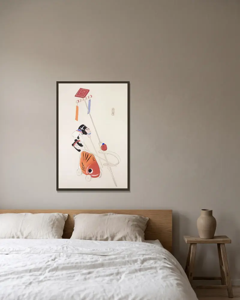 Kyosenovy sebrané ilustrace japonských hraček, tab. 088, Kawasaki Kyosen v rámu na stěně